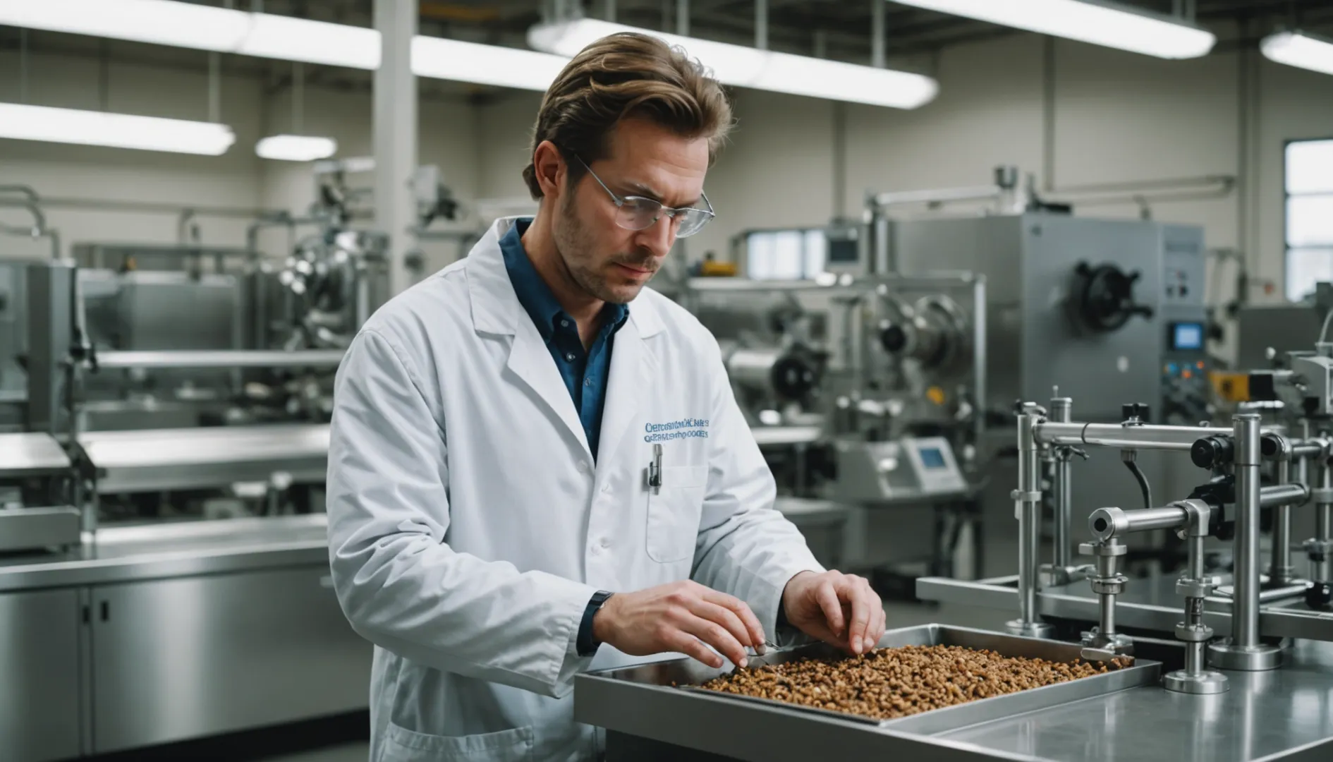 Technician inspecting machinery in a pet food manufacturing facility