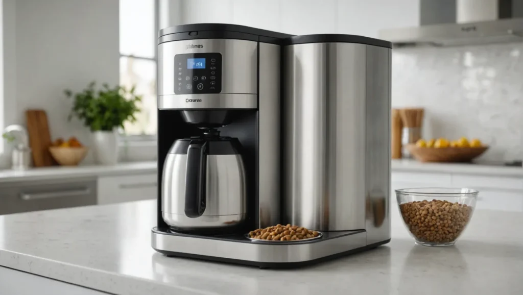 A sleek modern pet food machine dispensing kibble into a pet bowl