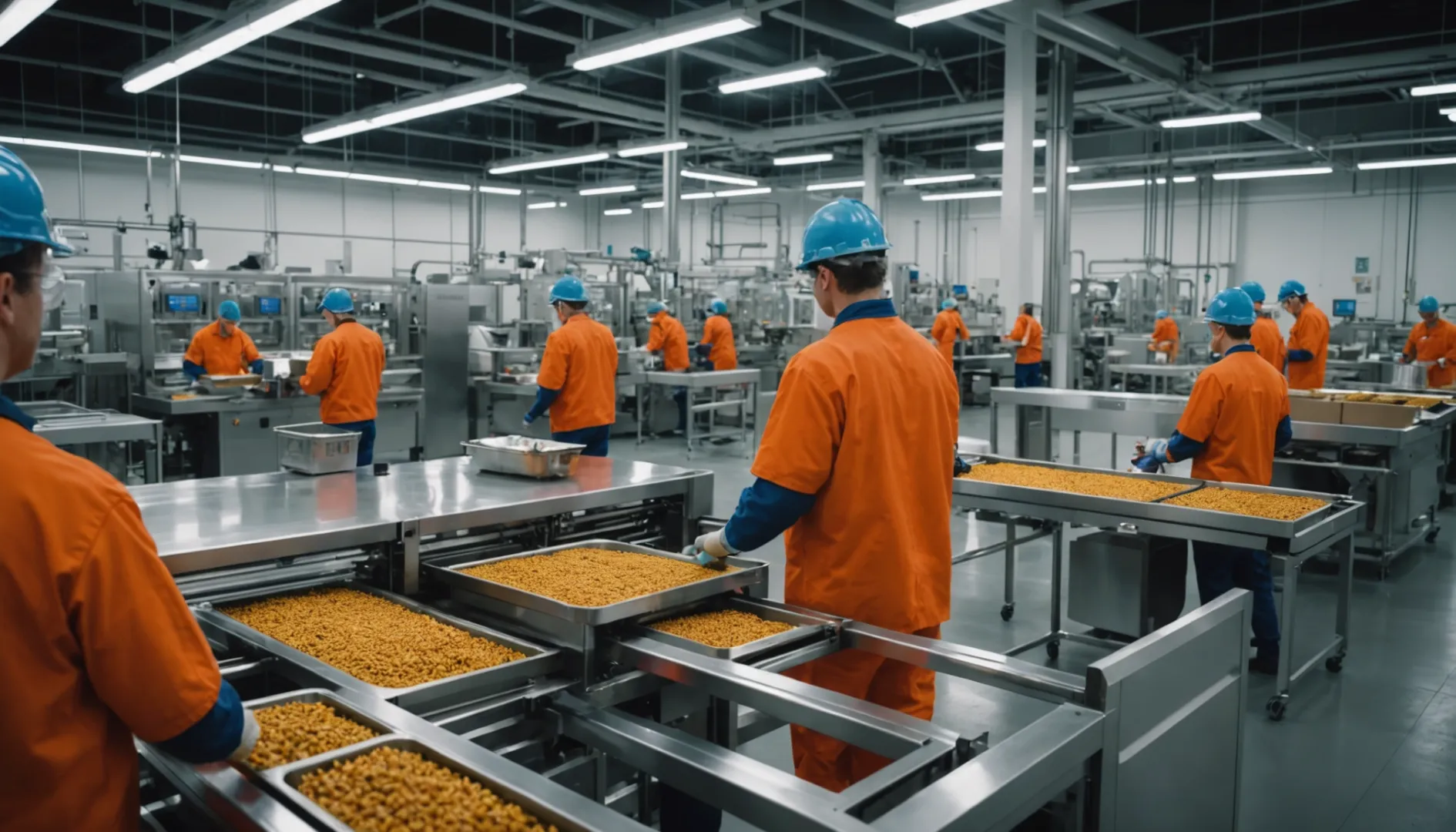 Modern pet food manufacturing facility with workers and machinery