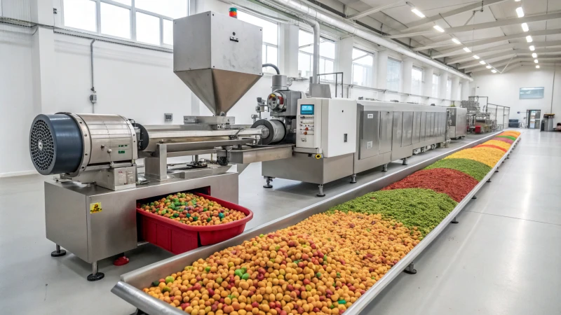 High-tech pet food pellet machine in an industrial facility