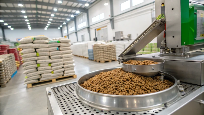 A modern pet food pellet machine in a factory