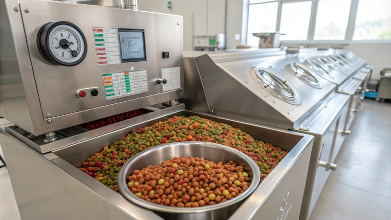 A modern pet food pellet machine in an industrial facility.