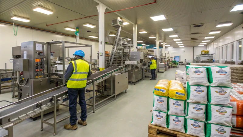 A clean and organized modern pet food processing facility with workers and machinery