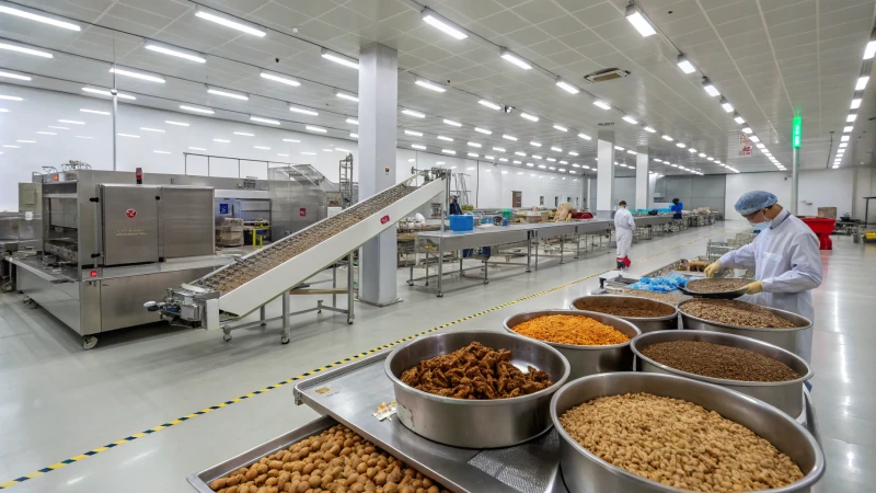 A modern pet food processing facility showcasing advanced machinery and ingredients on conveyor belts.