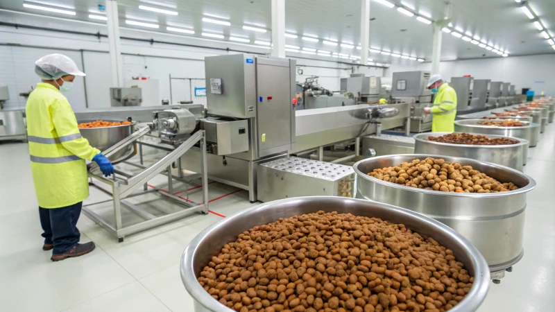 A modern pet food processing line with advanced machines and workers in safety gear.