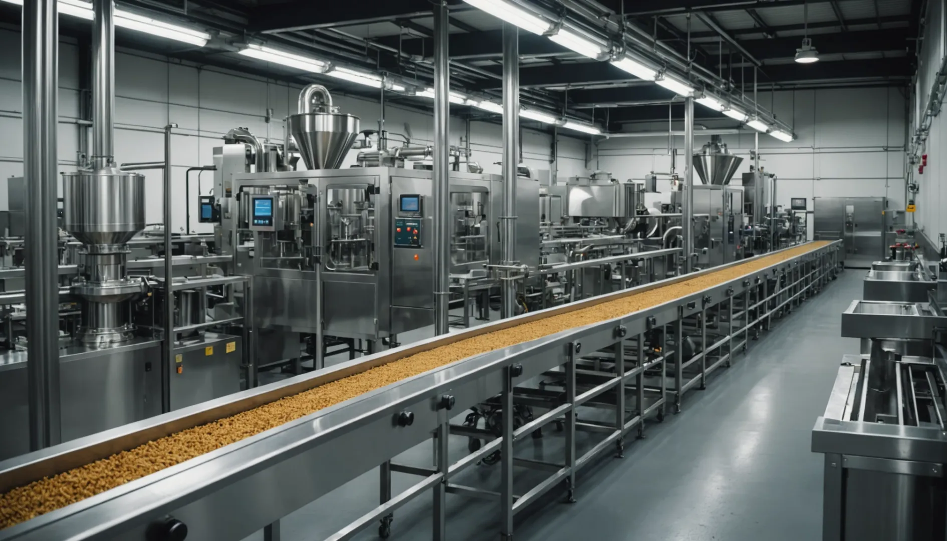 Modern pet food processing line in a spacious facility