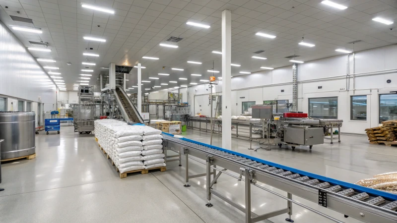 Interior of a modern pet food production facility with machinery and conveyor belts