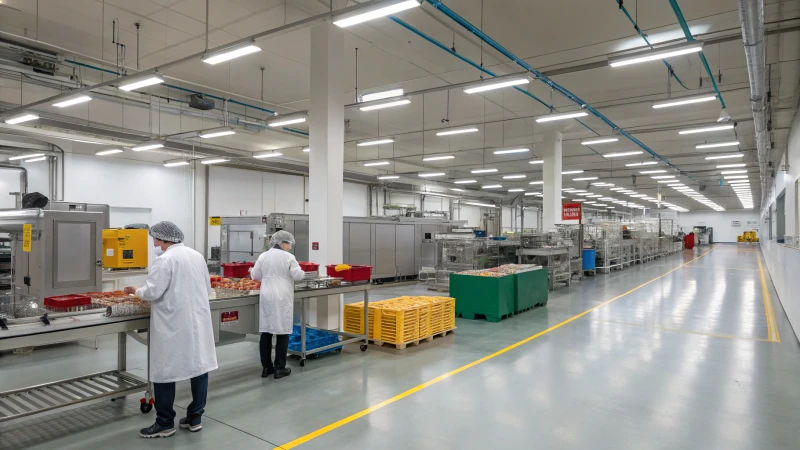 A modern pet food production facility with bright lights and organized workspace