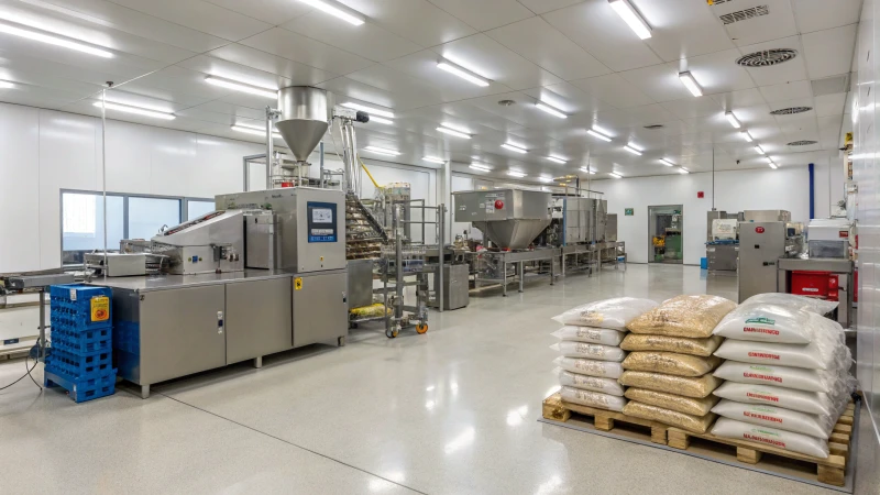 A bright and clean pet food production facility with high-tech machines