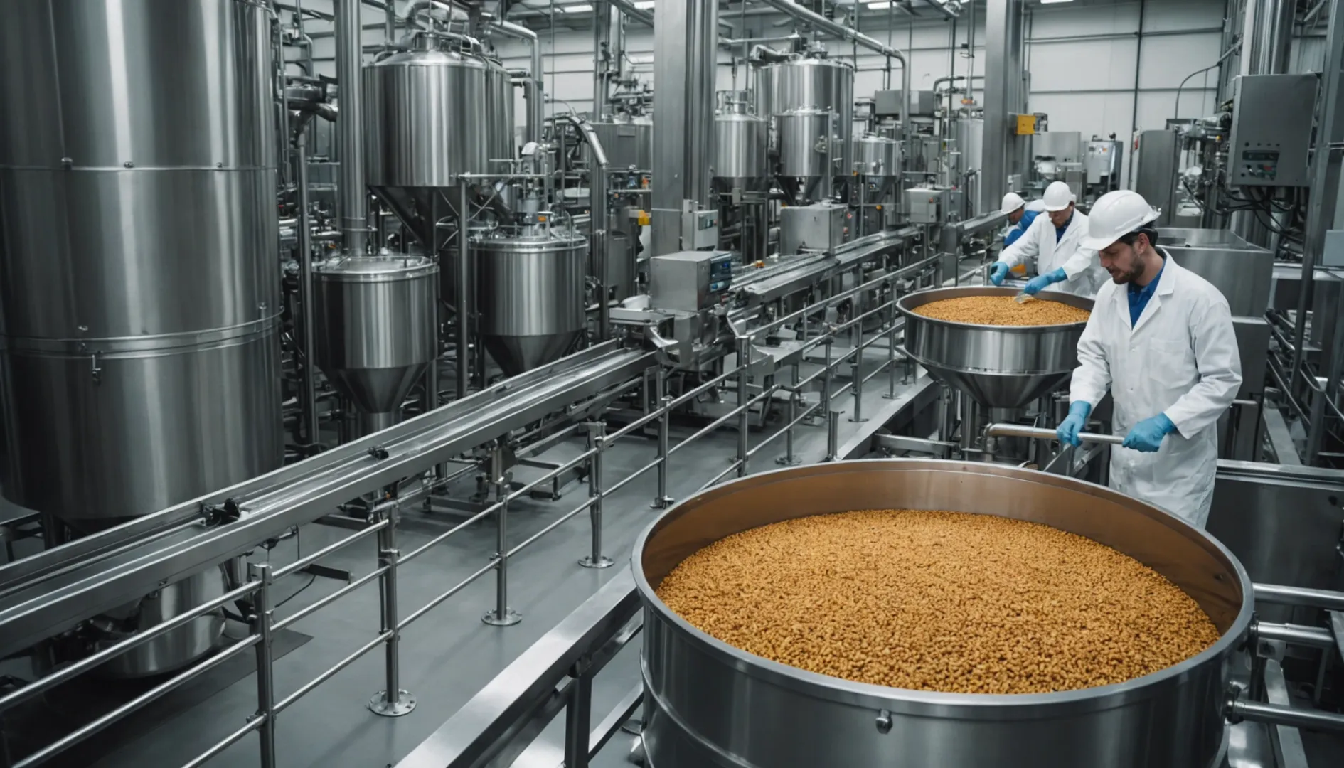 A modern pet food production line in a factory