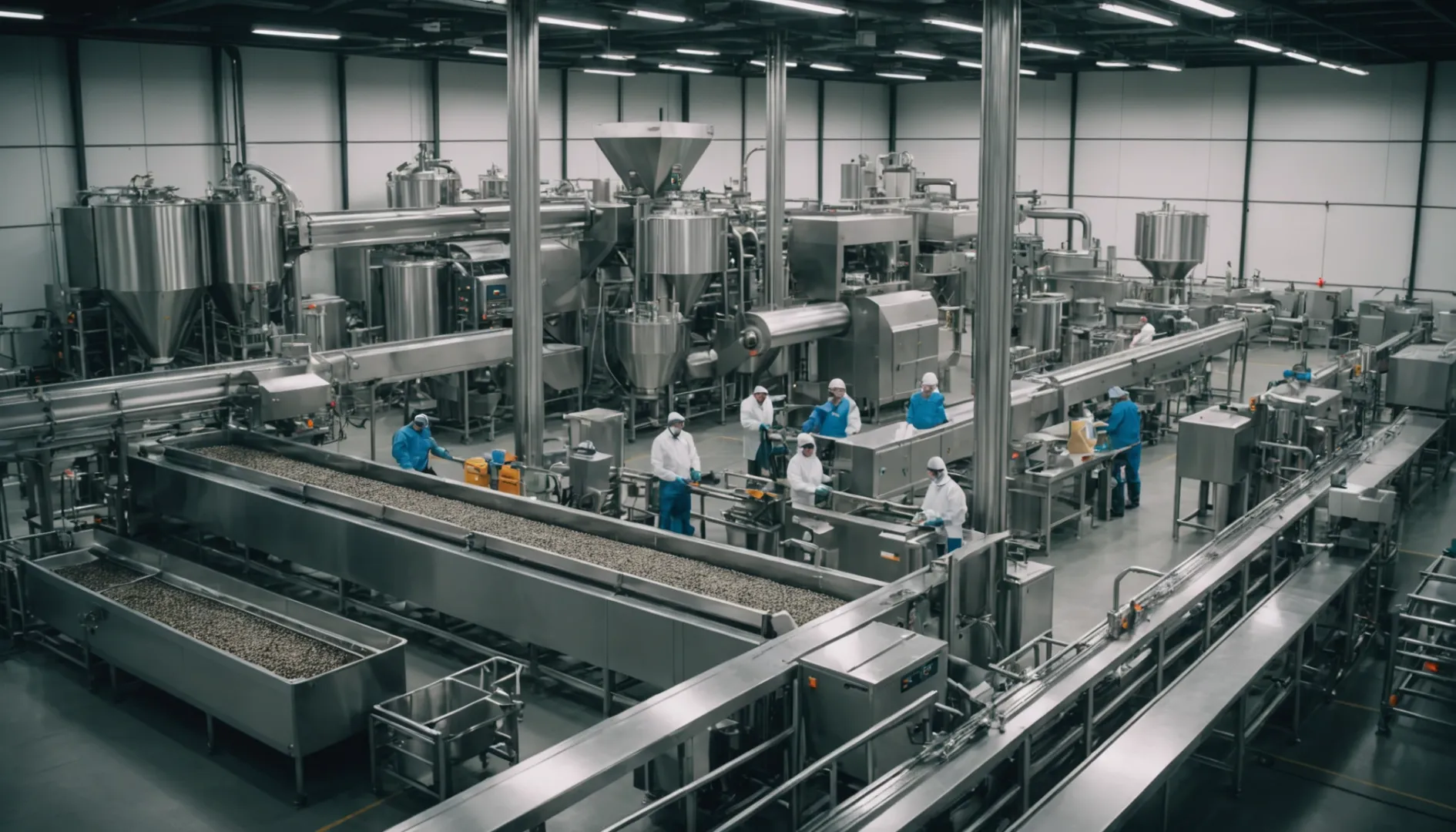 Modern pet food production line with workers and machinery