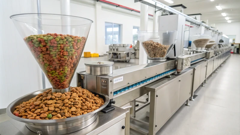 A bright and clean manufacturing facility featuring a pet treat extrusion line