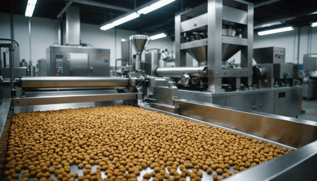 A stainless steel pet treat extrusion machine in a factory