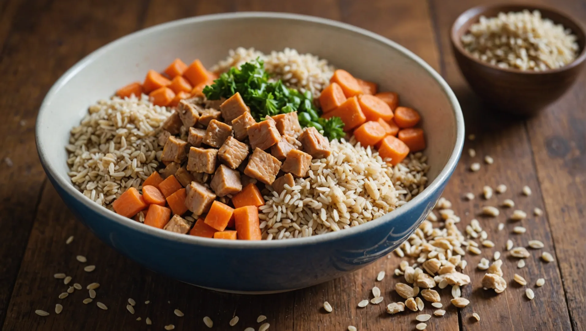 A balanced dog meal with various nutritional components displayed.