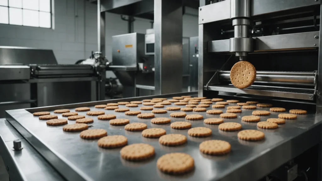 Pet biscuit making machine in action with biscuits on conveyor belt