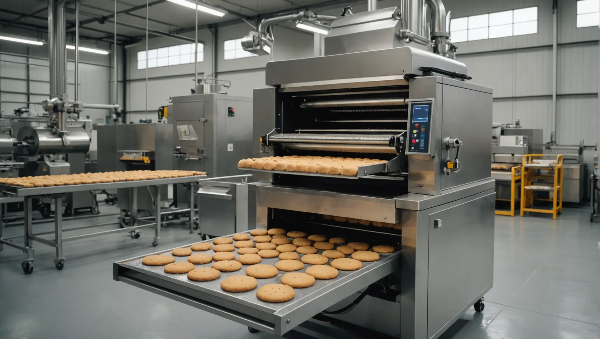 Key components of a pet biscuit making machine, including mixer, dough feeder, forming rollers, oven, and cooling conveyor.