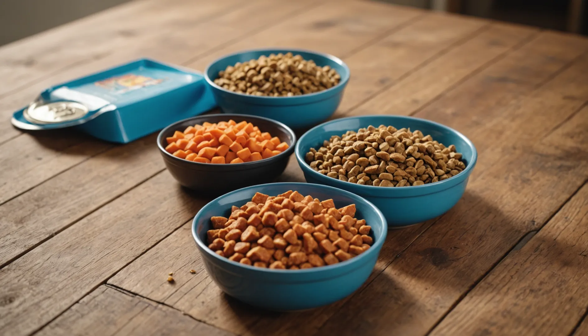 Two bowls of pet food on a wooden surface with fresh ingredients