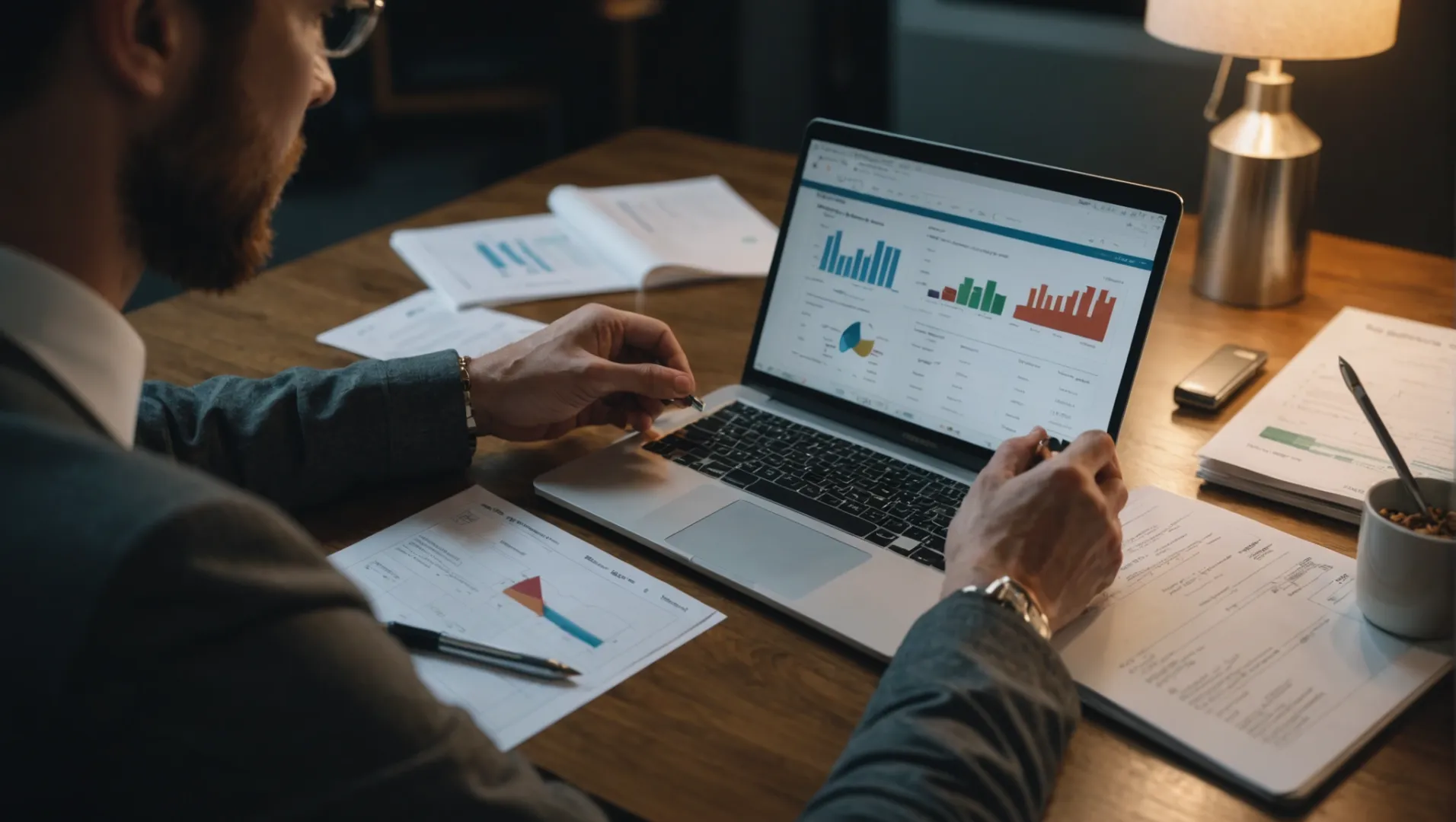 Person reviewing a budget plan for a pet food business with various documents and charts on a desk.