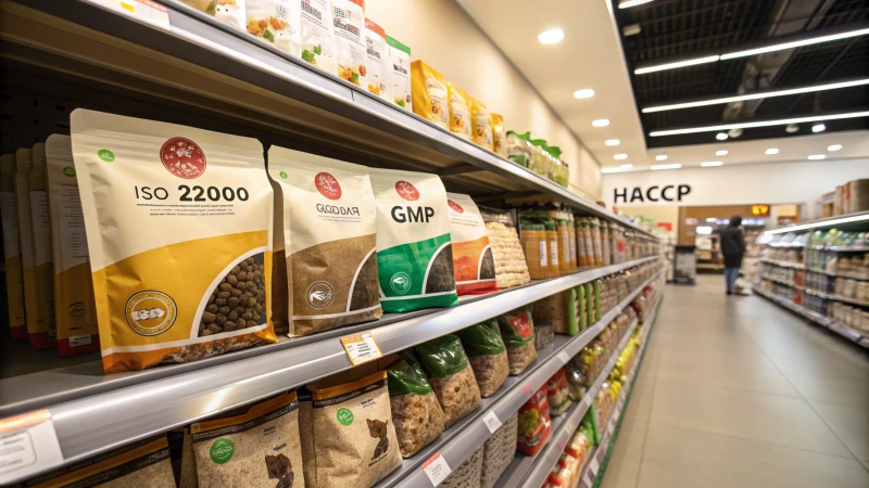 Organized display of pet food products on a grocery store shelf