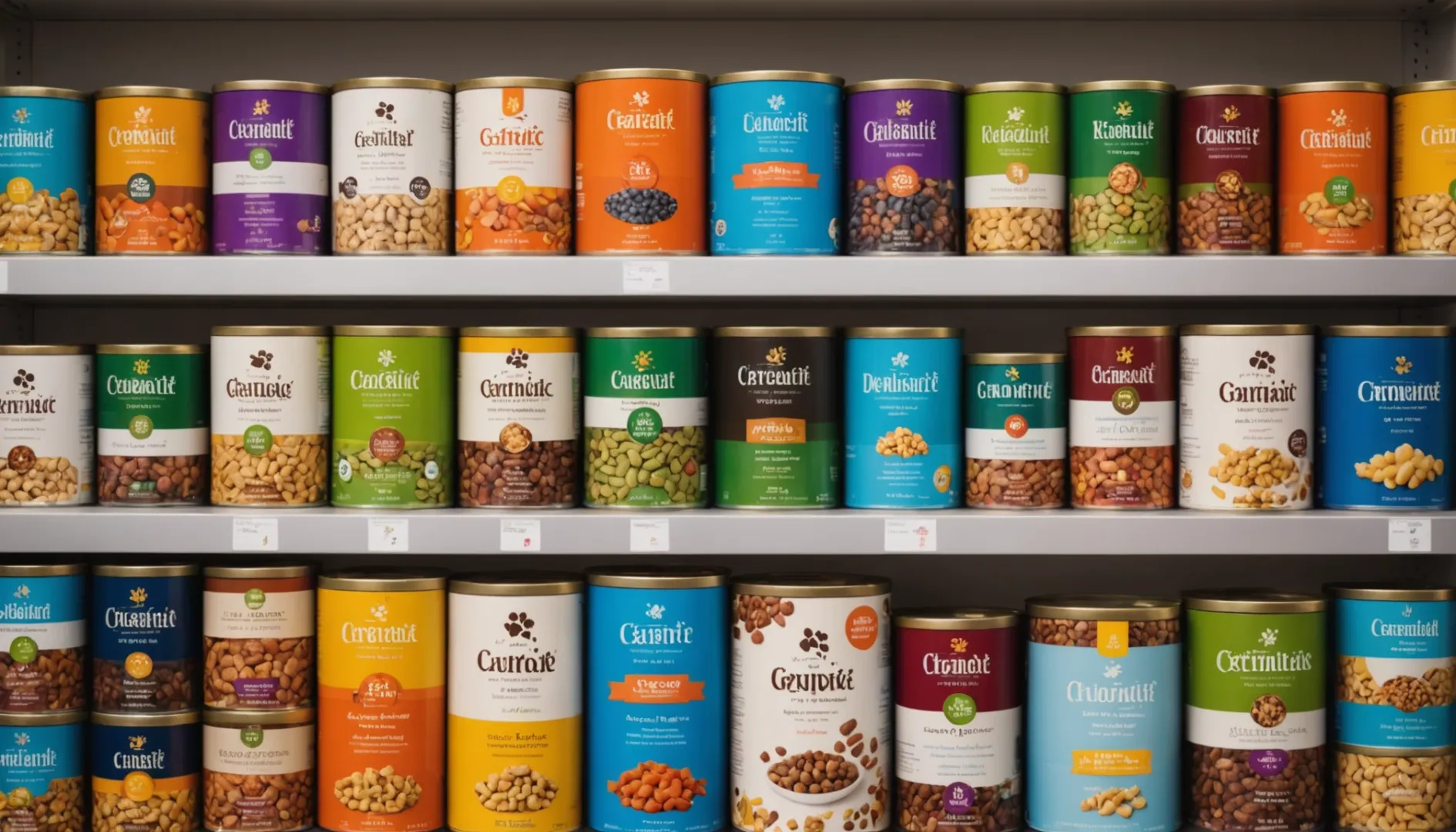 Colorful pet food products arranged on a shelf