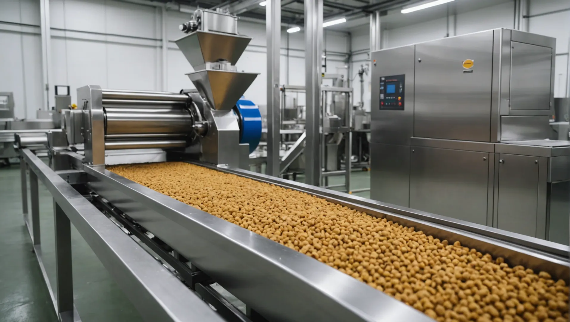 A pet food extruding machine in operation with kibble being produced