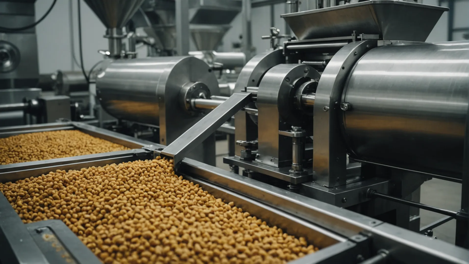 A pet food extruding machine in operation with ingredients visible