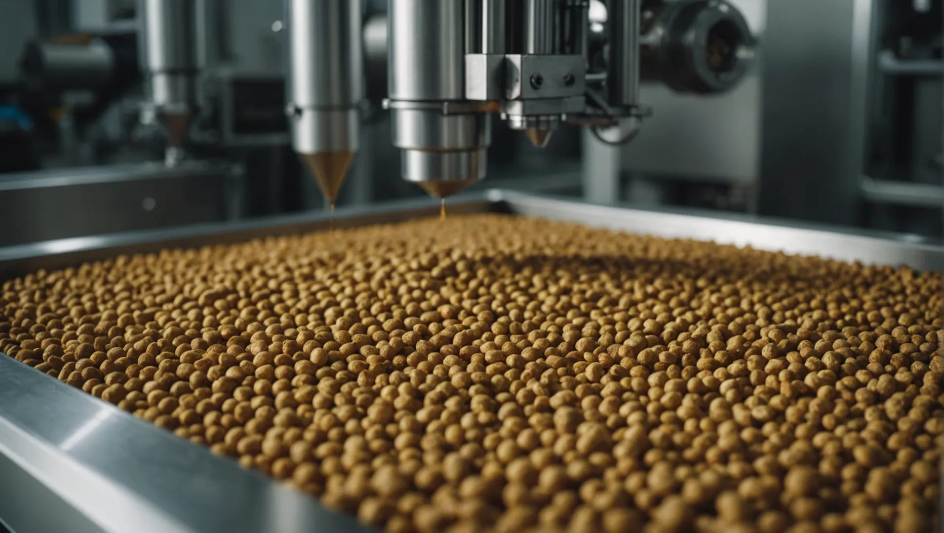 Pet food extrusion process showcasing machinery and ingredients