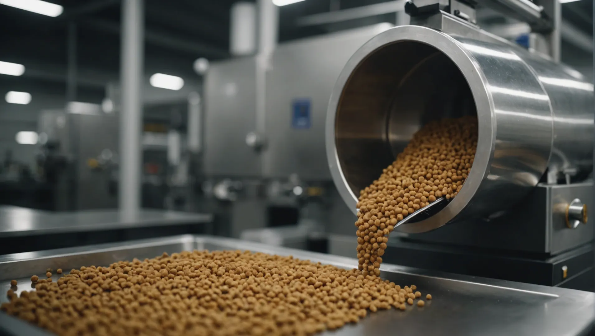 Close-up of pet food kibble being processed through an extrusion machine