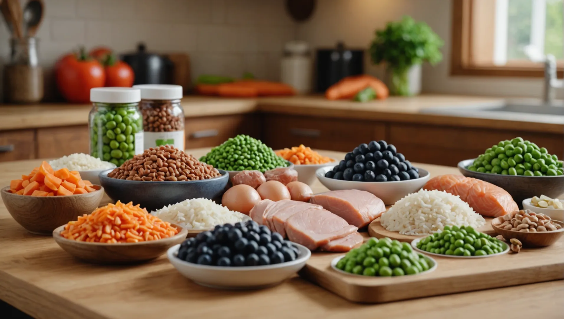 A display of various pet food ingredients including meat, grains, vegetables, and vitamins.