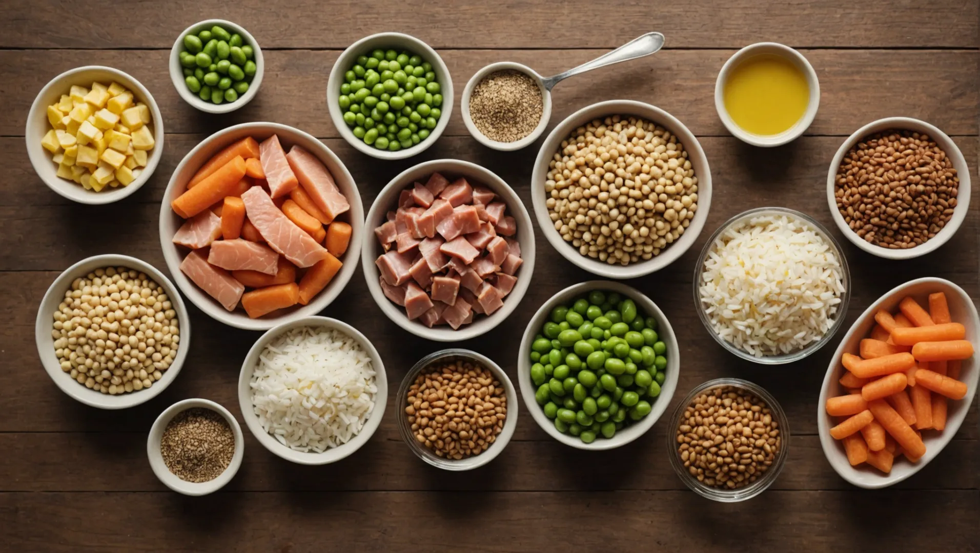 Assorted pet food ingredients including chicken, vegetables, and grains on a wooden table.