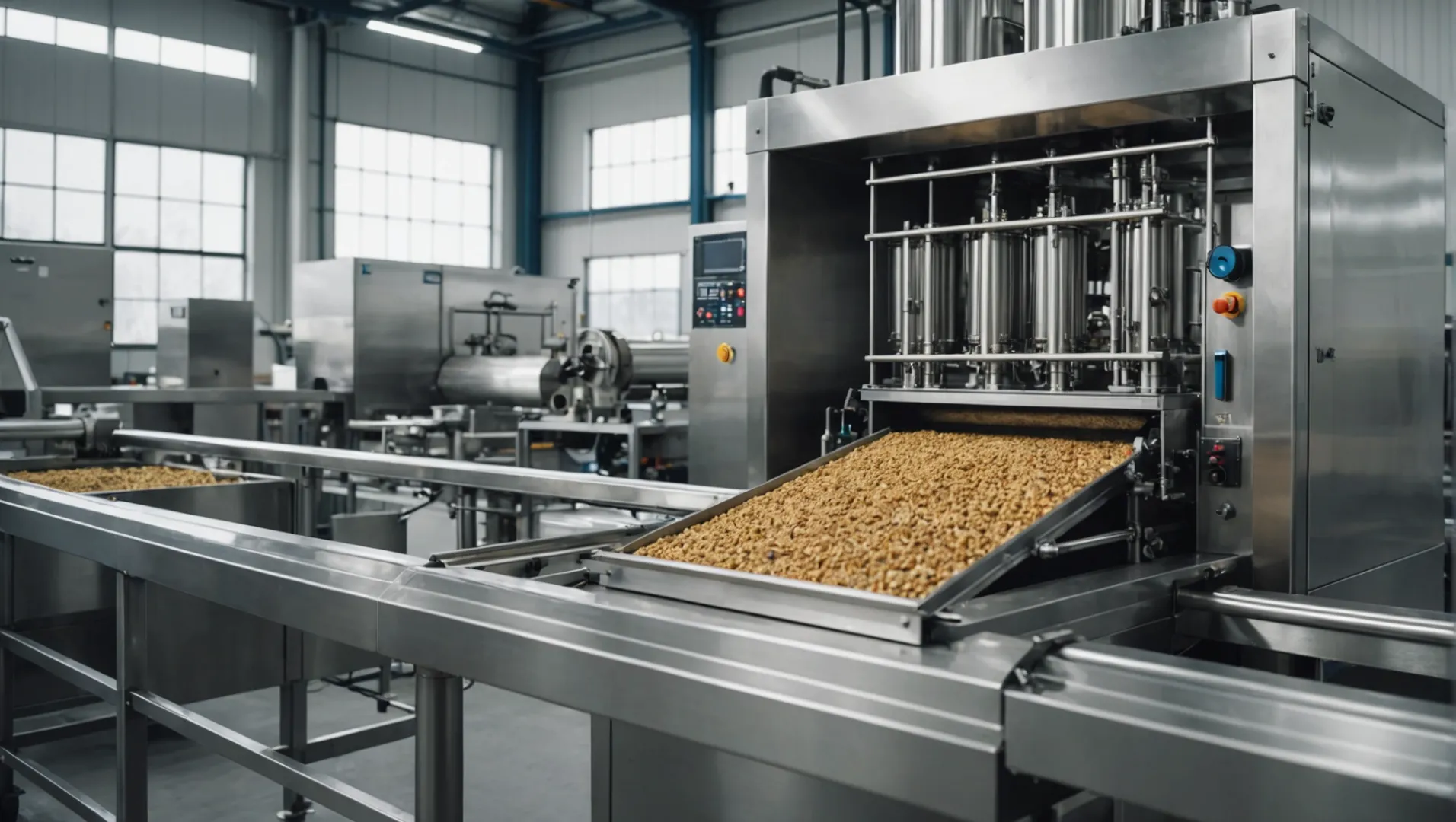 A pet food making machine in operation, showing the blending, cooking, and shaping process