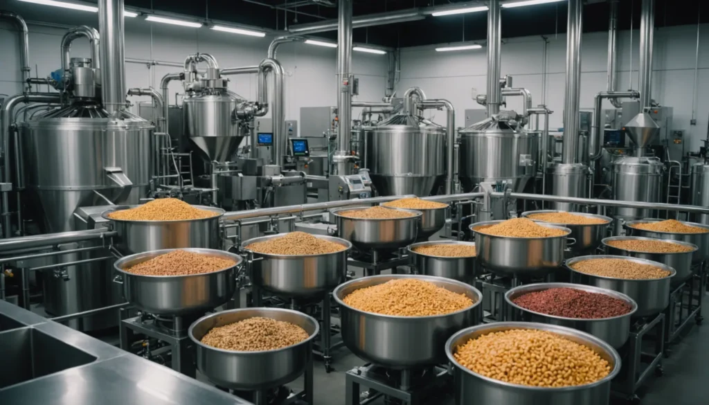 A clean and organized pet food manufacturing facility