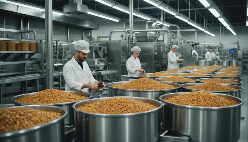 A modern pet food manufacturing facility with advanced machinery and workers