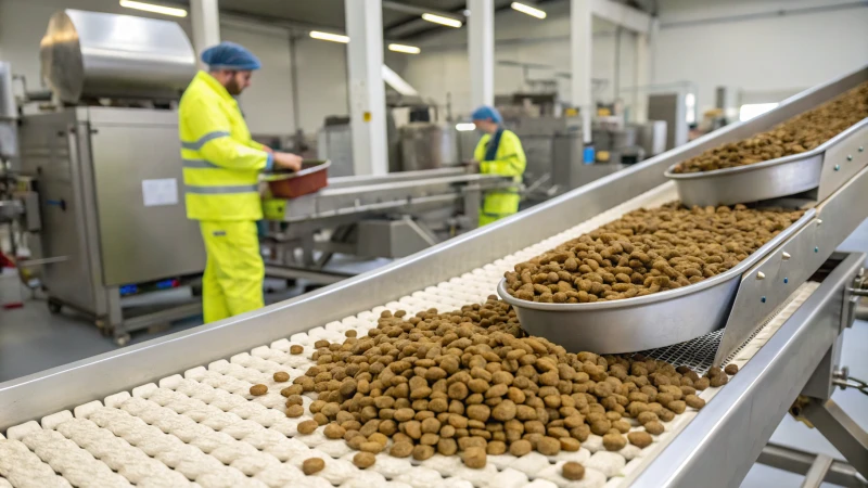 Workers in a pet food manufacturing plant overseeing kibble production