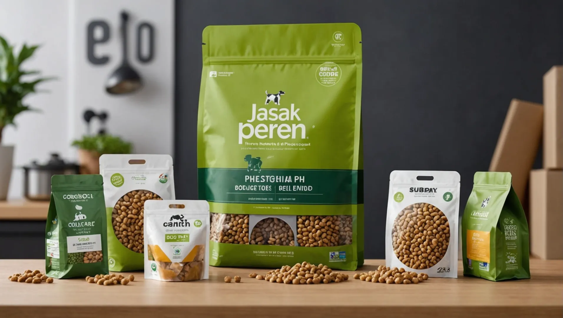 Innovative pet food packaging display showcasing eco-friendly and convenient features