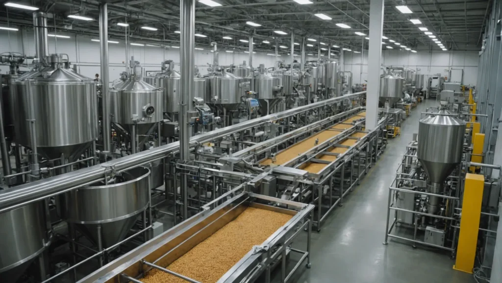 A modern pet food processing line in action with machinery and workers