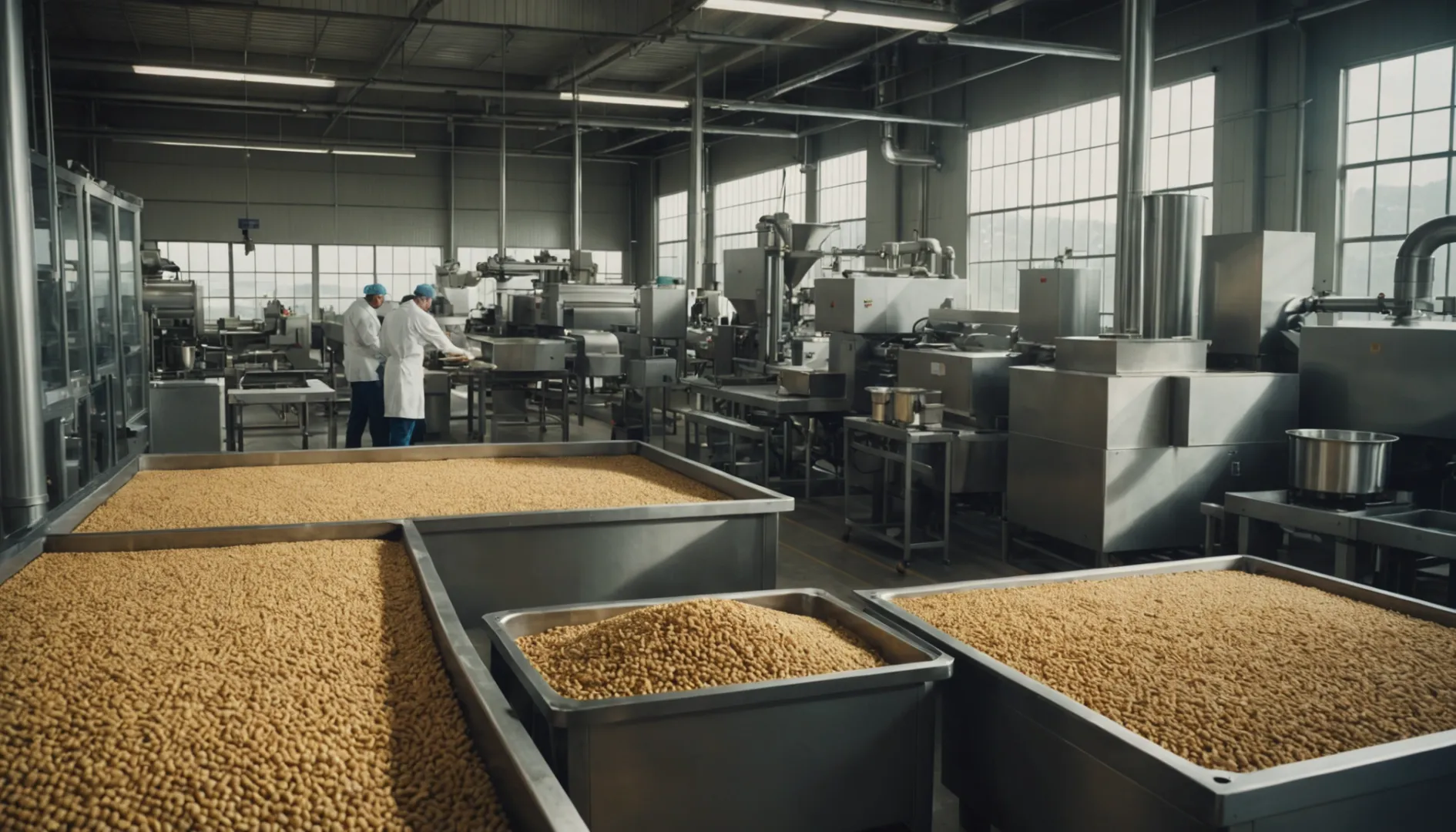 A busy pet food production facility with workers and machinery.