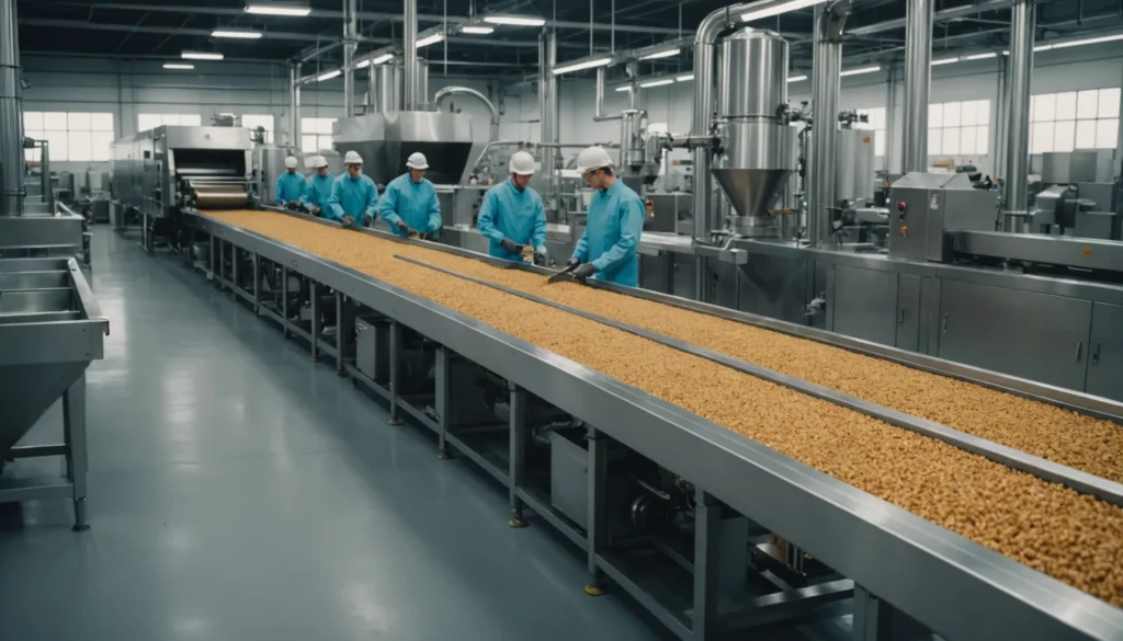 Interior view of a pet food production factory with machines and workers