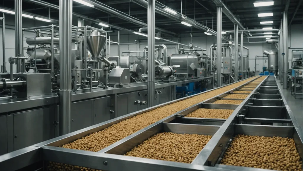 Industrial pet food production line in operation