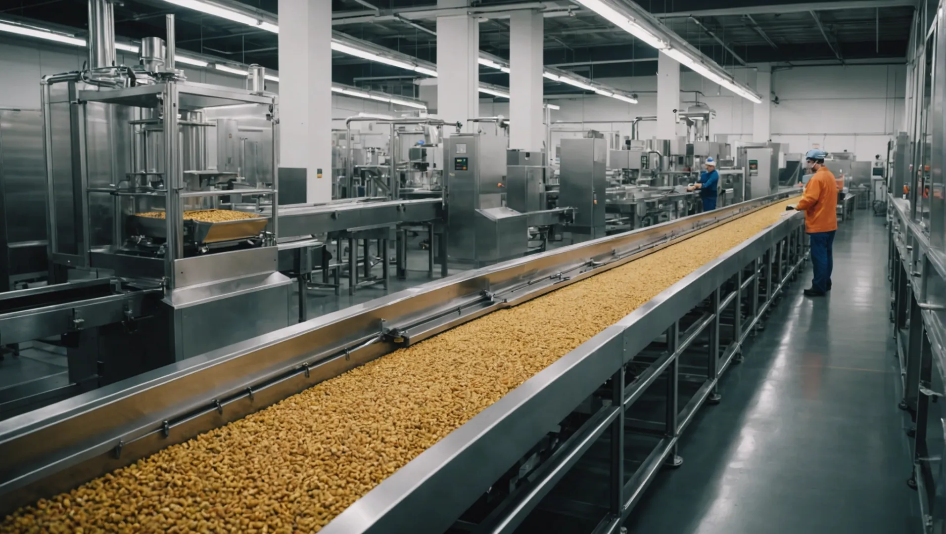 A modern pet food production line with machinery and packaged products