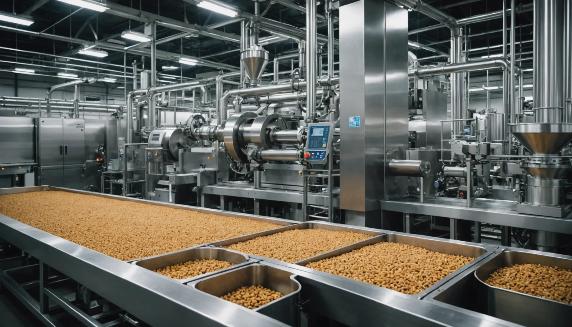 Pet food production line in a factory with advanced machinery and workers