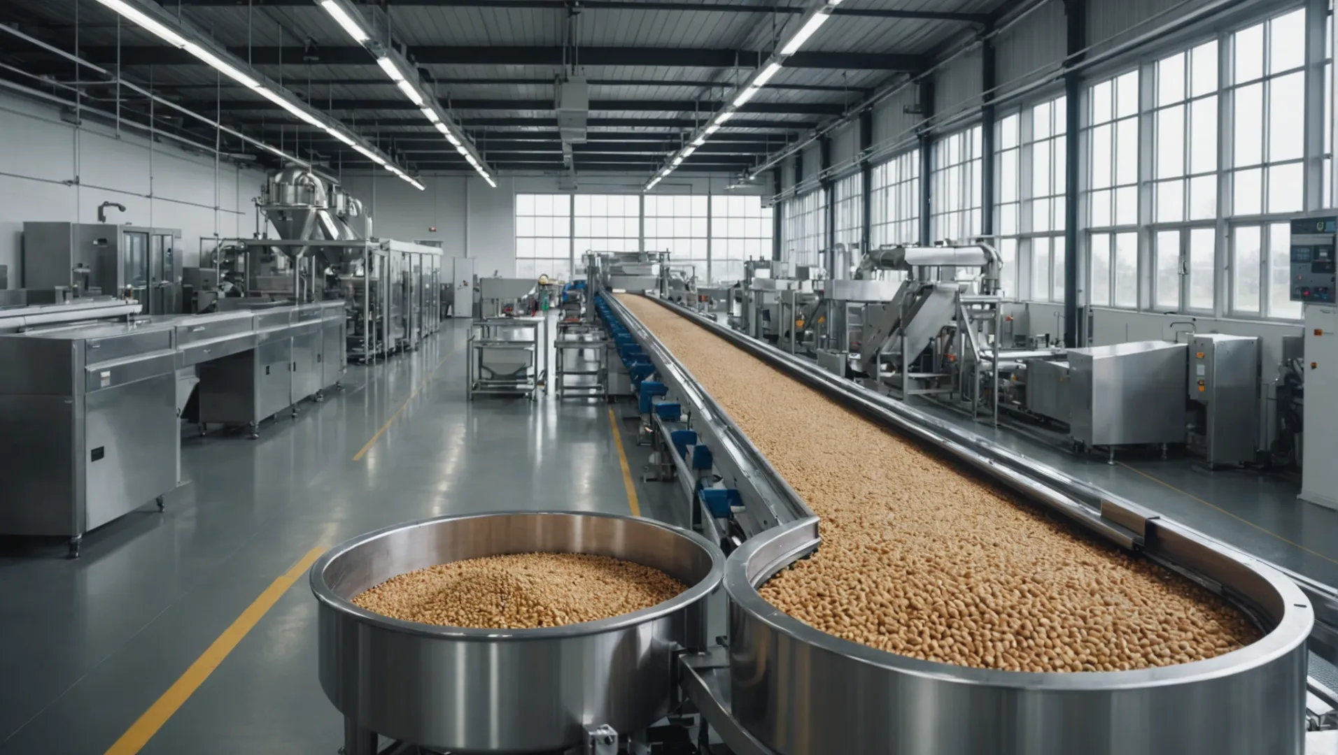 Pet food production line with automated machines and conveyor belts