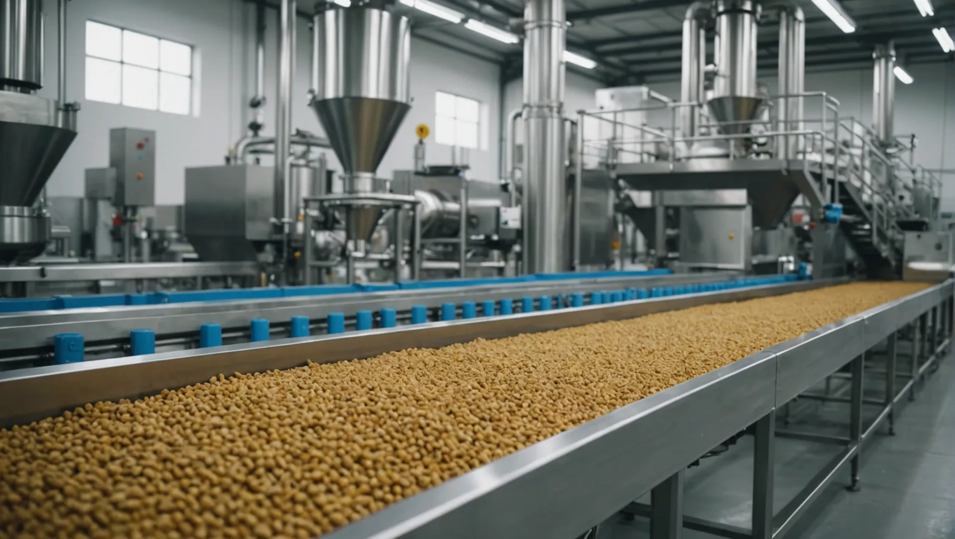 Pet food production line machinery showing mixers, extruders, dryers, and packaging machines.