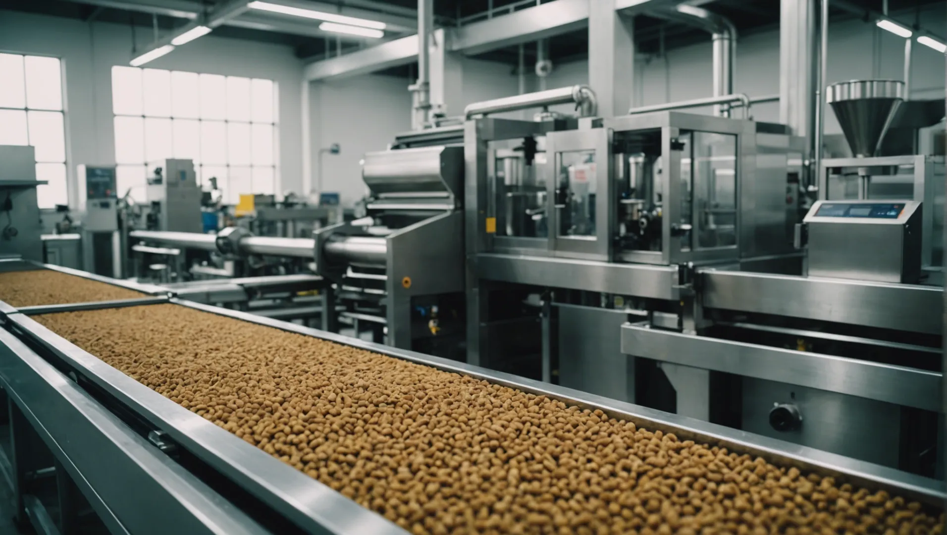 Machines producing various types of pet foods in a factory setting