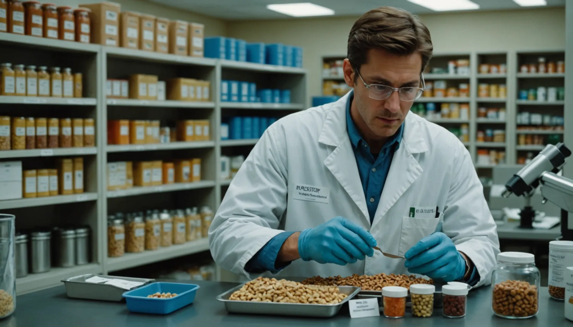 A worker in a lab coat examining pet food production labels and ingredients