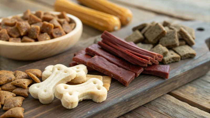 Close-up of various pet treats on a wooden surface