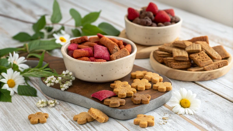 A display of colorful pet treats on a wooden table