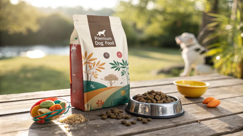 Photorealistic premium dog food packaging on a wooden surface with dog toys