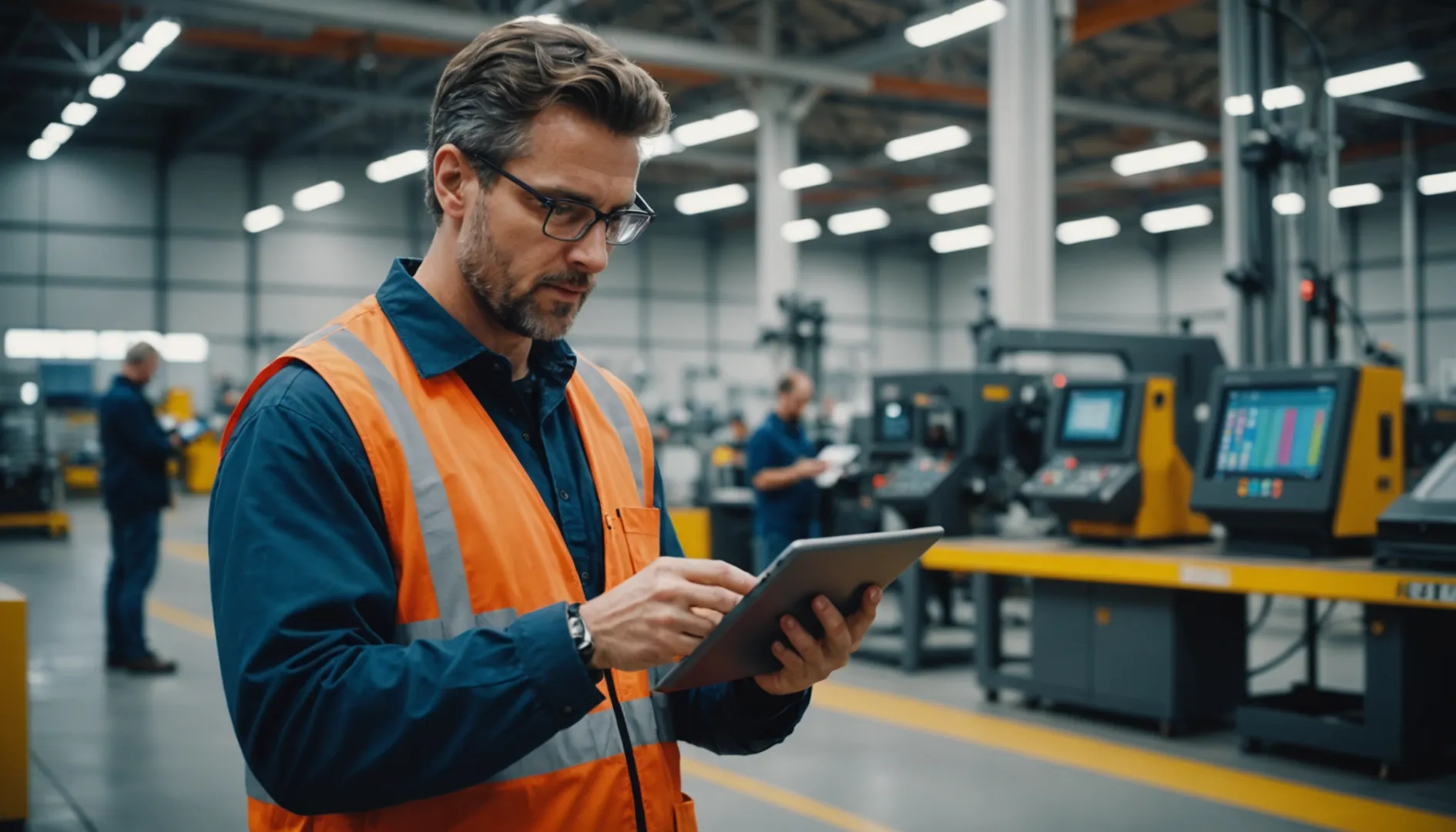 A professional reviewing equipment specifications on a tablet in a manufacturing facility