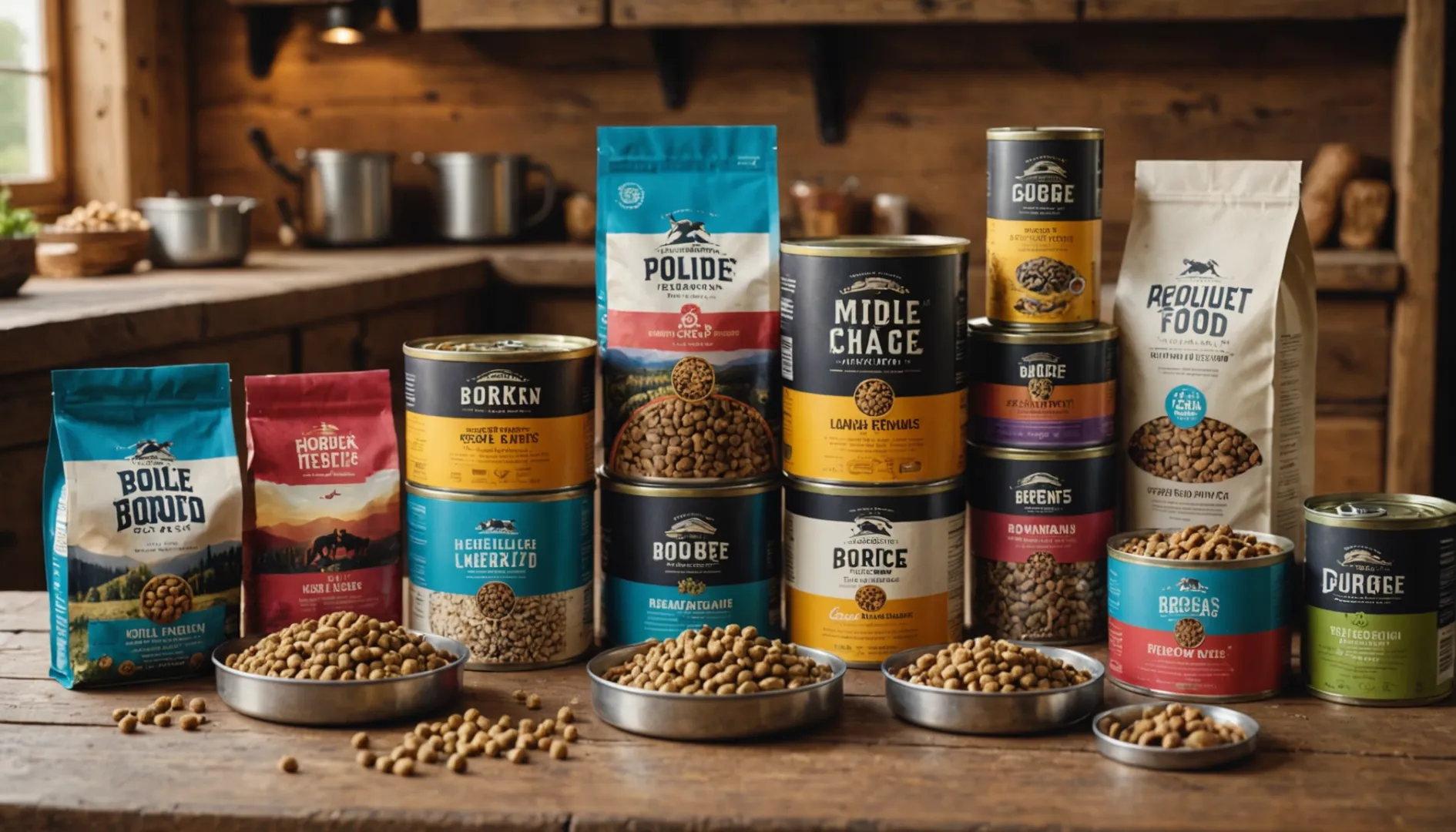 Various dog food products displayed on a wooden table